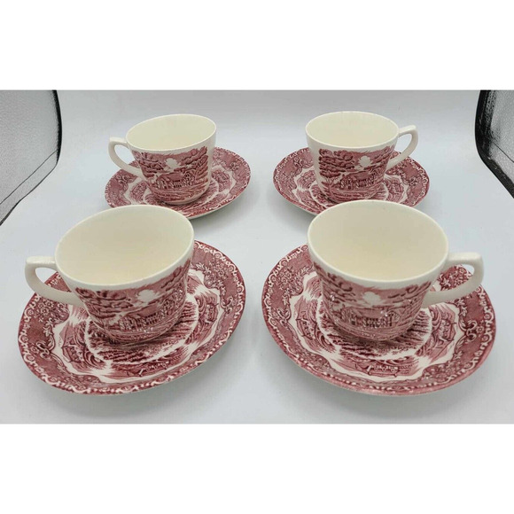 Vtg Grindley Red Staffordshire England Cups & Saucers. Set of 4. English Country - Picture 3 of 13